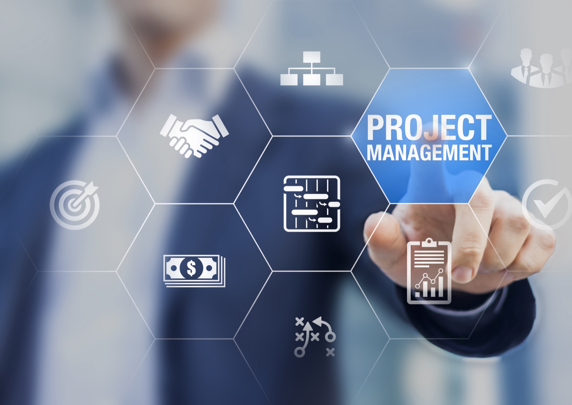 Project management dashboard graphic with a hand selecting a project management module
